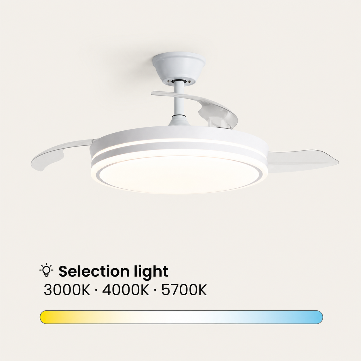 Ventilador de techo blanco con aspas retráctiles y luz LED.