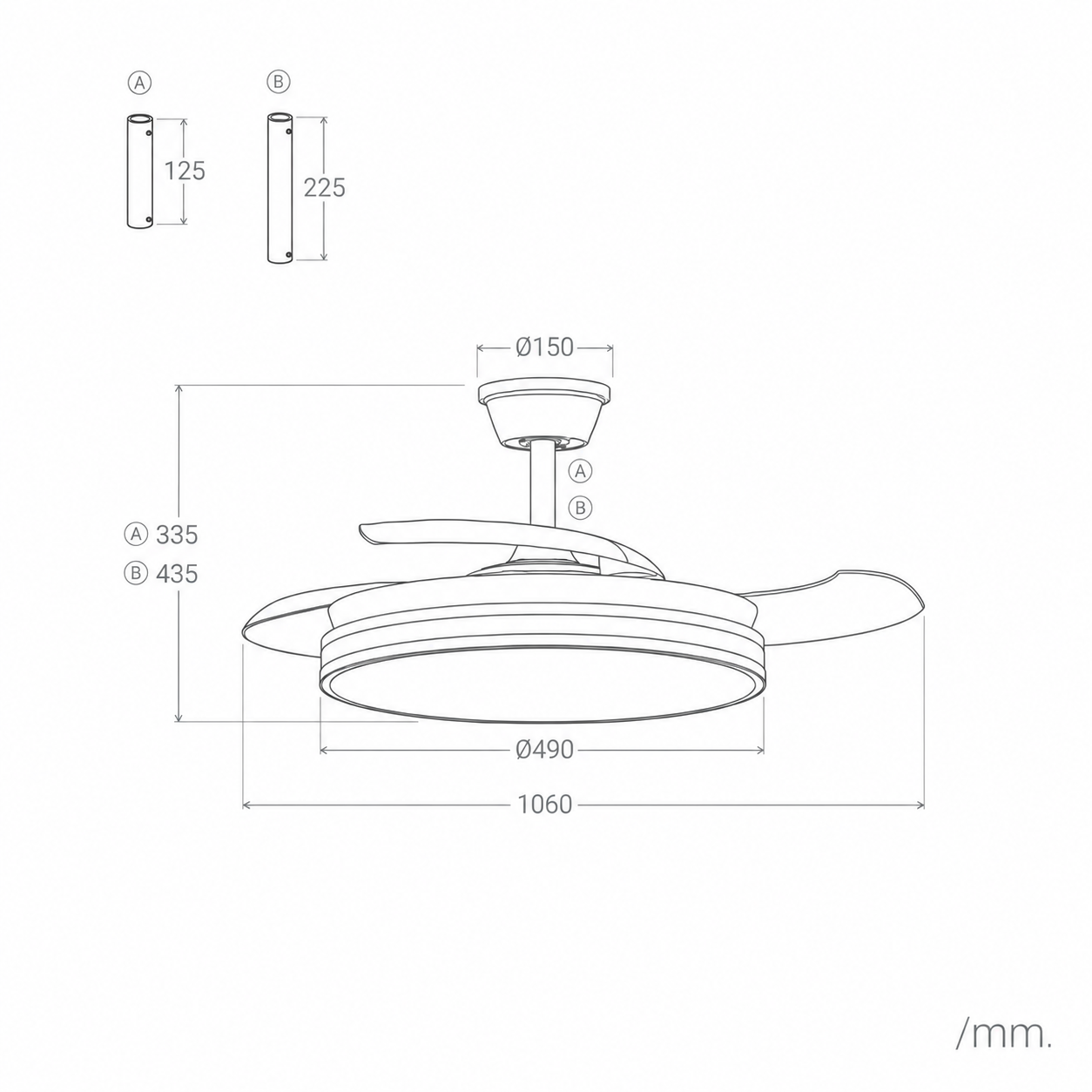 Dibujo técnico de un ventilador de techo con dimensiones.