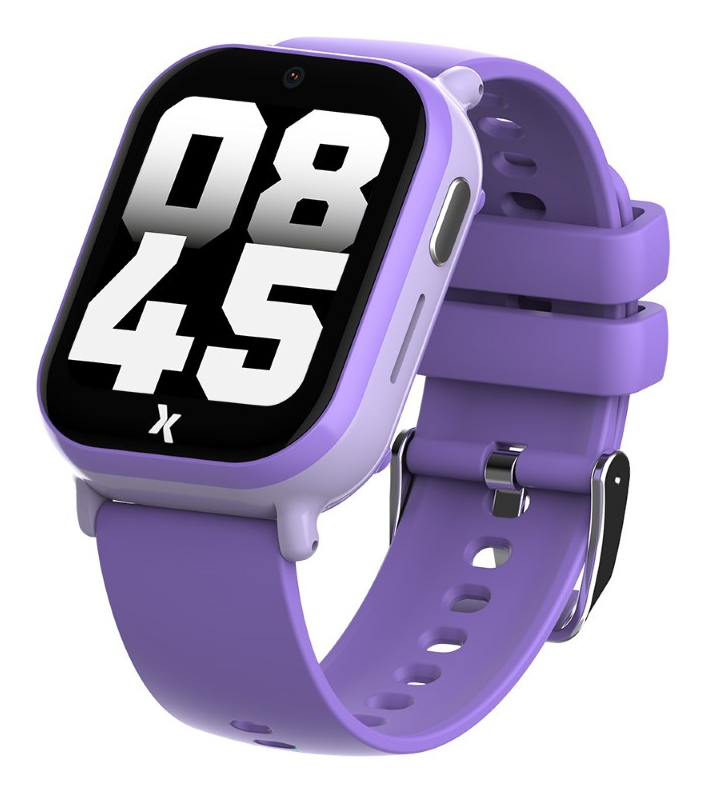 Fioletowy smartwatch z cyfrowym wyświetlaczem pokazującym 08:45 i małym obiektywem.