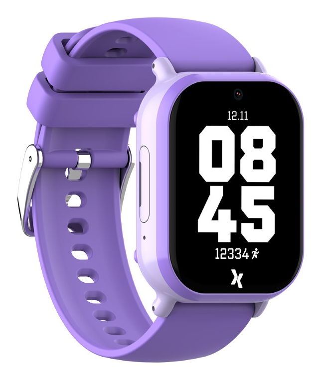 Fioletowy smartwatch z dużym wyświetlaczem pokazującym 08:45.