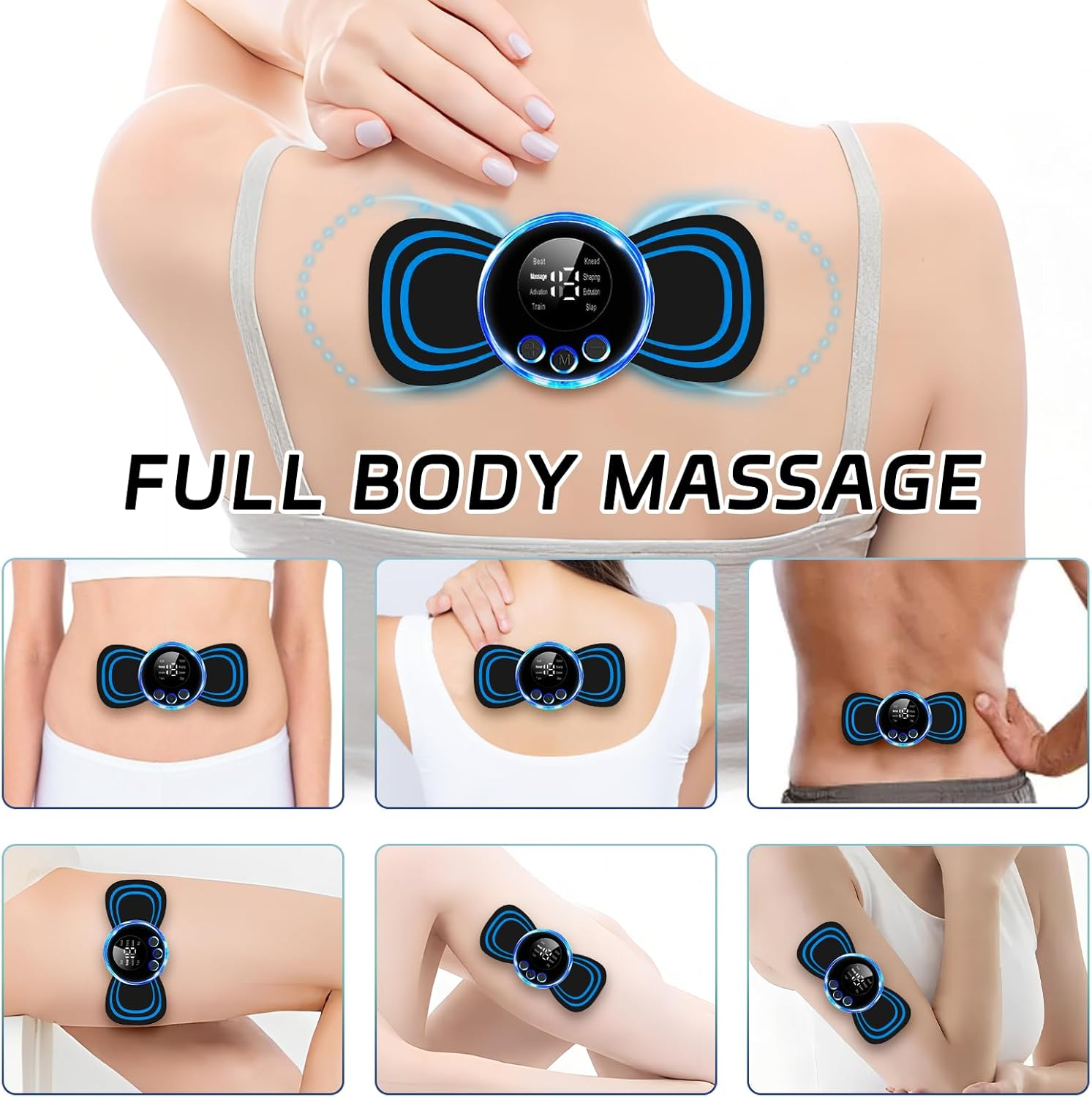 Ein tragbares Massagegerät auf verschiedenen Körperteilen gezeigt.