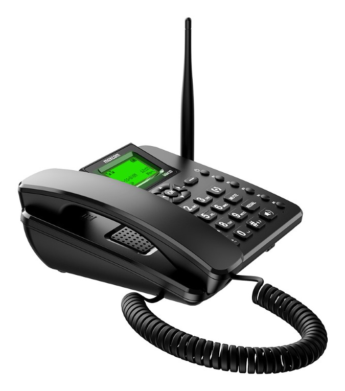 Czarny telefon przewodowy z anteną i zielonym wyświetlaczem.
