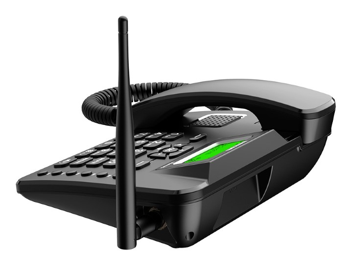 Czarny telefon bezprzewodowy z anteną i zielonym wyświetlaczem na białym tle.