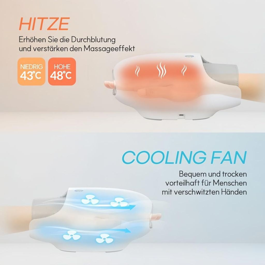 Handgerät mit Hitze- und Kühlfunktion, zeigt Hände in beiden Modi.