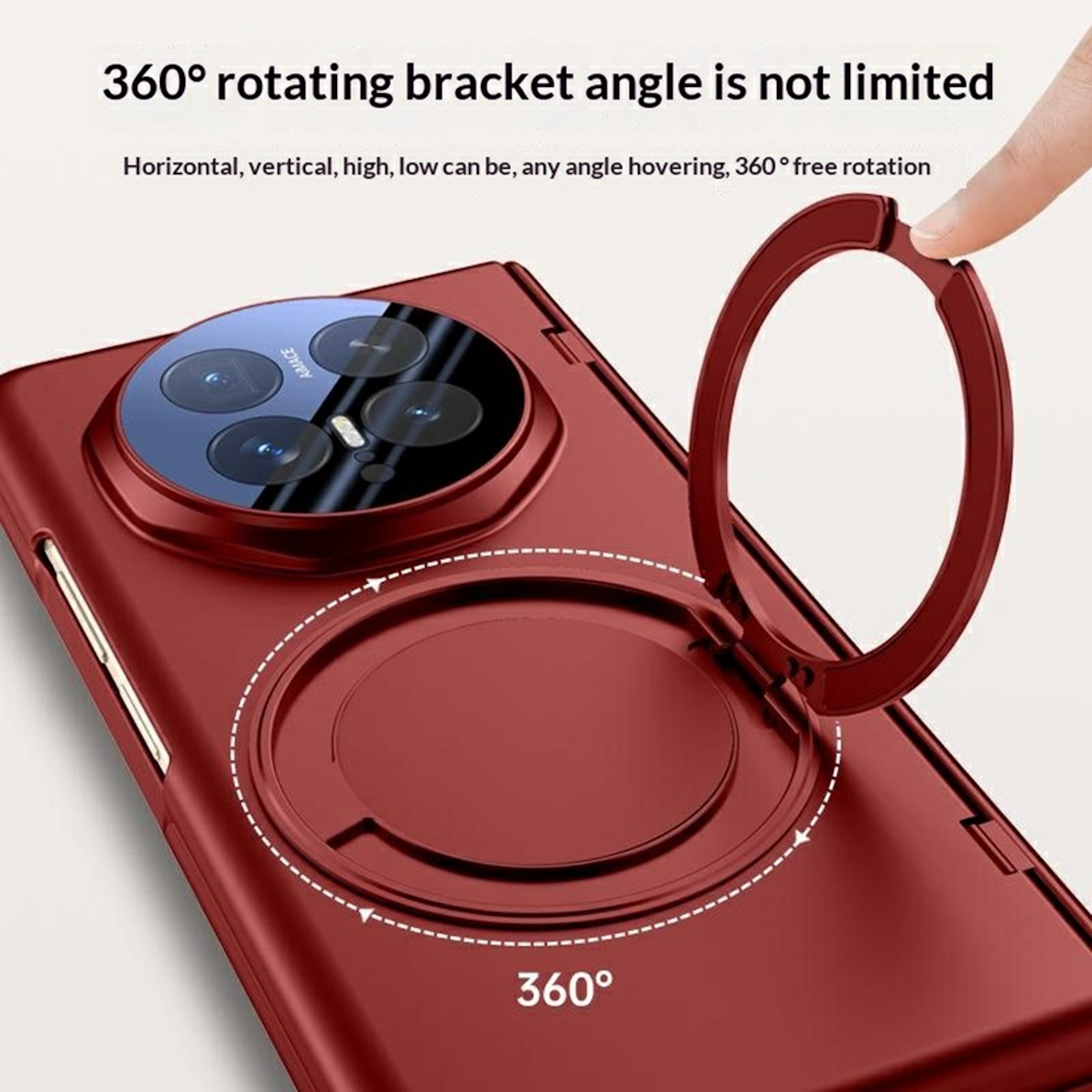Ein rotes Handy mit einem 360°-Ringhalter, der von einem Finger bedient wird.