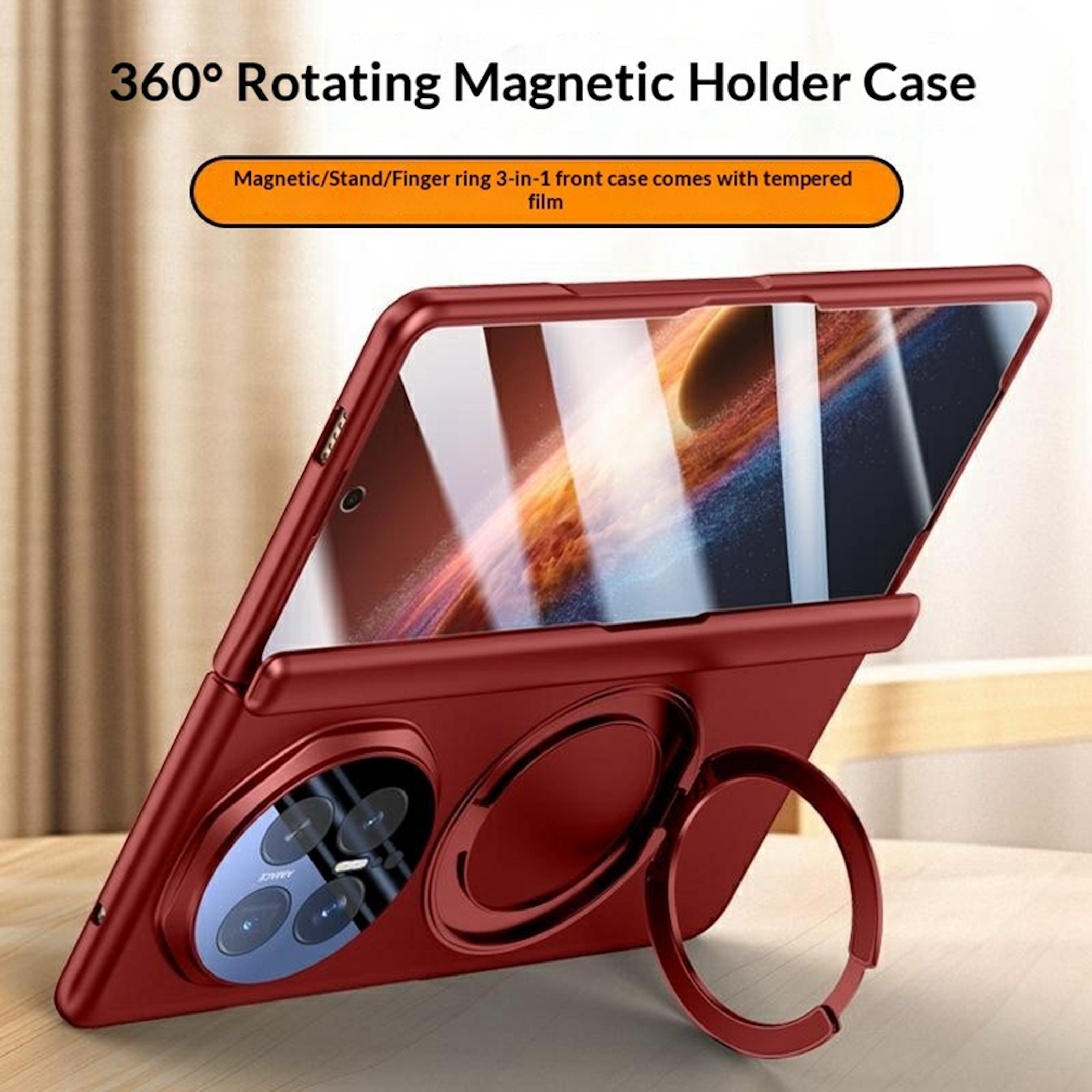 Rote Handyhülle mit 360°-Magnetring, Ständer und integriertem Displayschutz.
