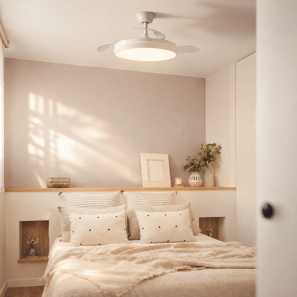 Un ventilador de techo blanco con luz sobre una cama con mantas y almohadas beige.