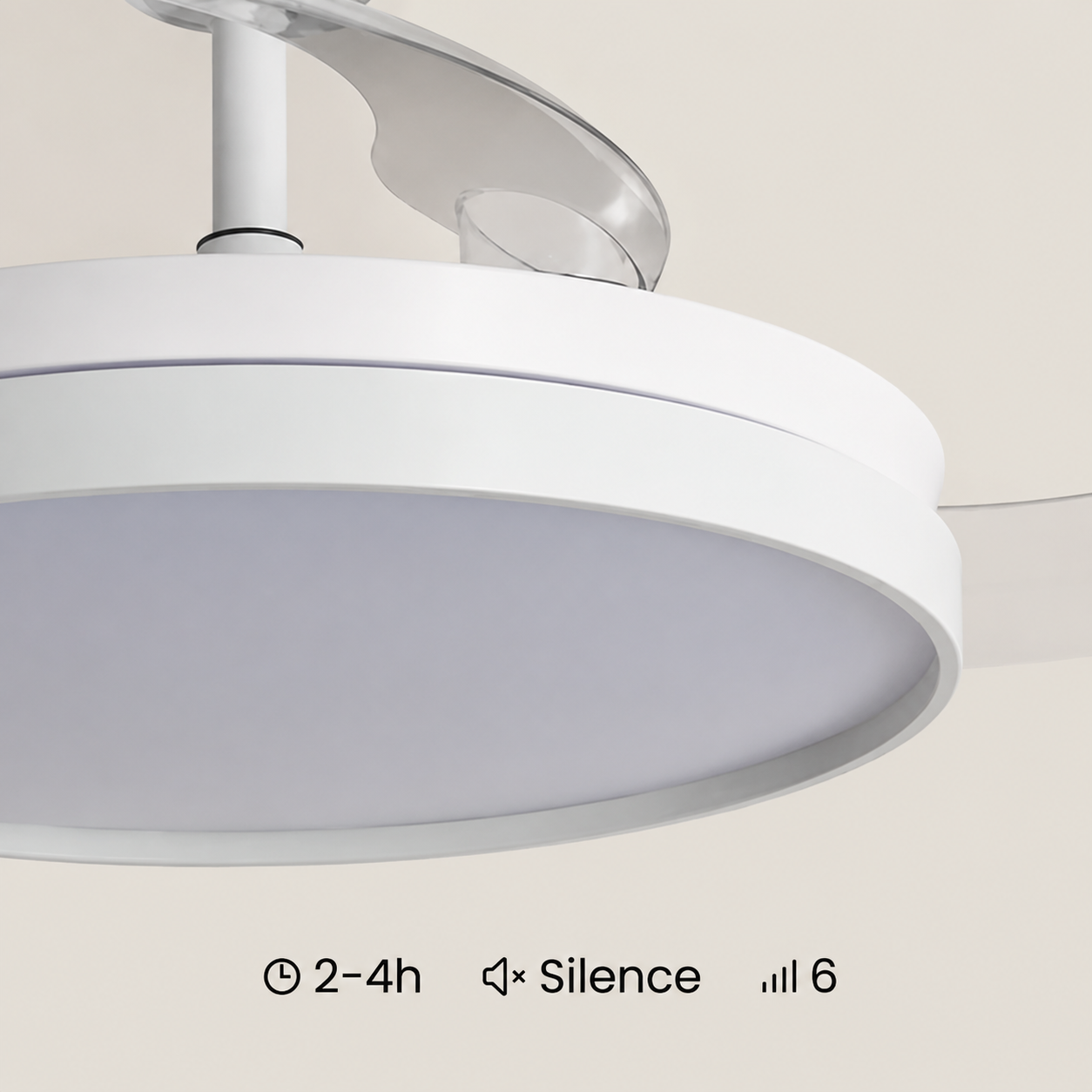 Ventilador de techo blanco con aspas retráctiles y temporizador.