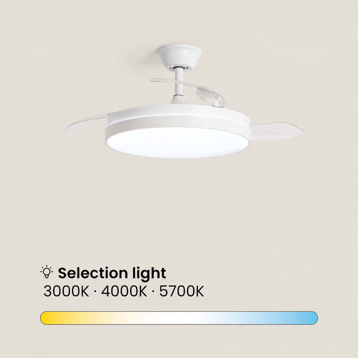 Luz de ventilador de techo blanca con aspas retráctiles y temperatura de color ajustable.