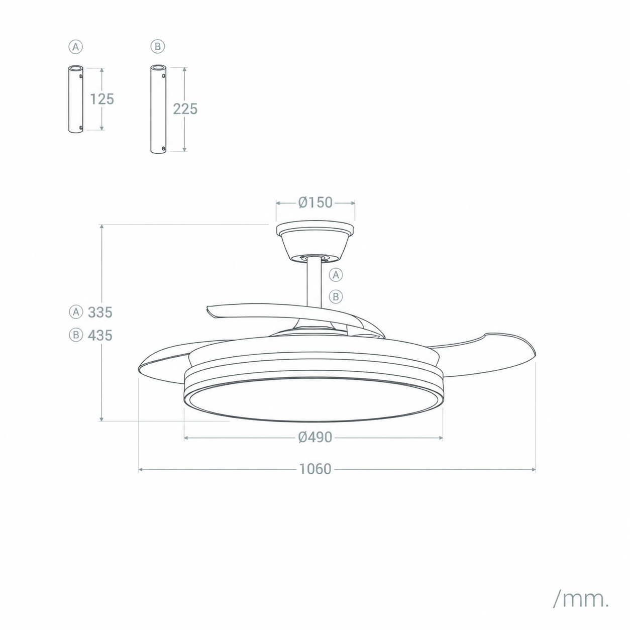 Dibujo técnico de un ventilador de techo con dimensiones y dos opciones de varilla A y B.