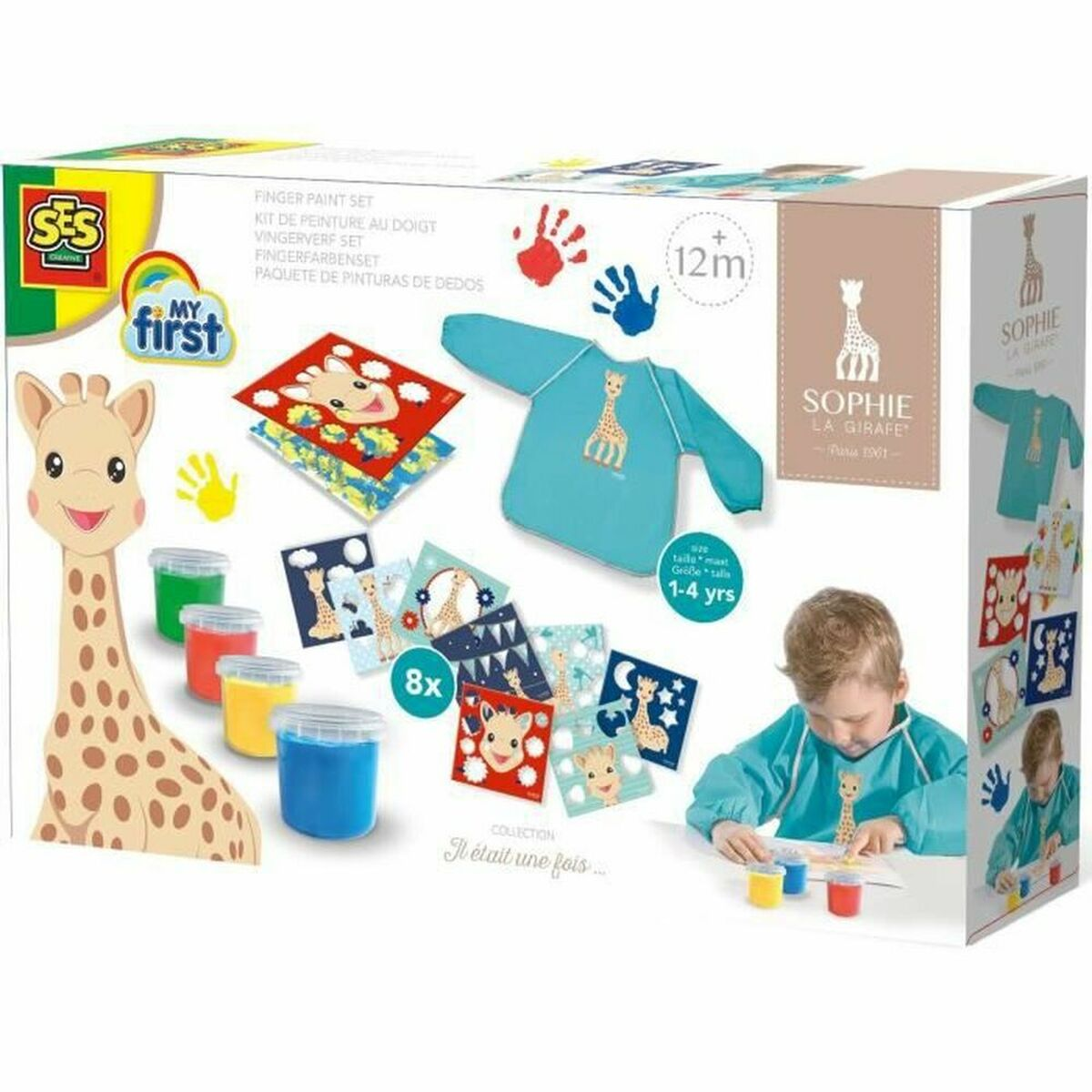 Sophie la girafe Fingerfarben-Set mit Malkittel, Farben und Malvorlagen für Kinder.