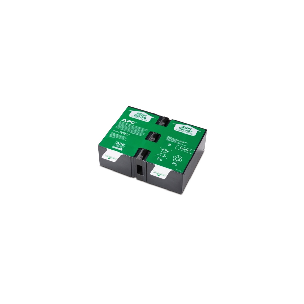Un pacco batteria APC RBC verde con etichetta "INSERT THIS WAY".