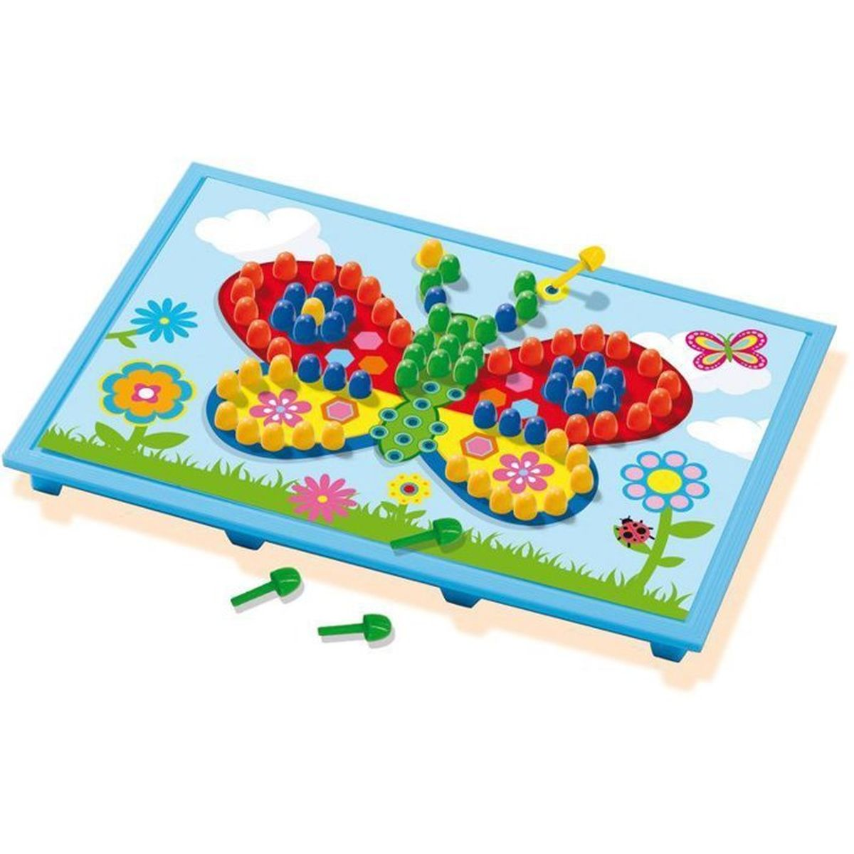 Ein buntes Mosaik-Spielzeugbrett mit einem Schmetterlingsmuster, Blumen und Marienkäfern.