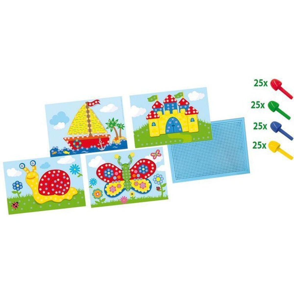 Bunte Spielzeug-Perlen und Stifte zum Basteln von Schiff, Schloss, Schnecke und Schmetterling.