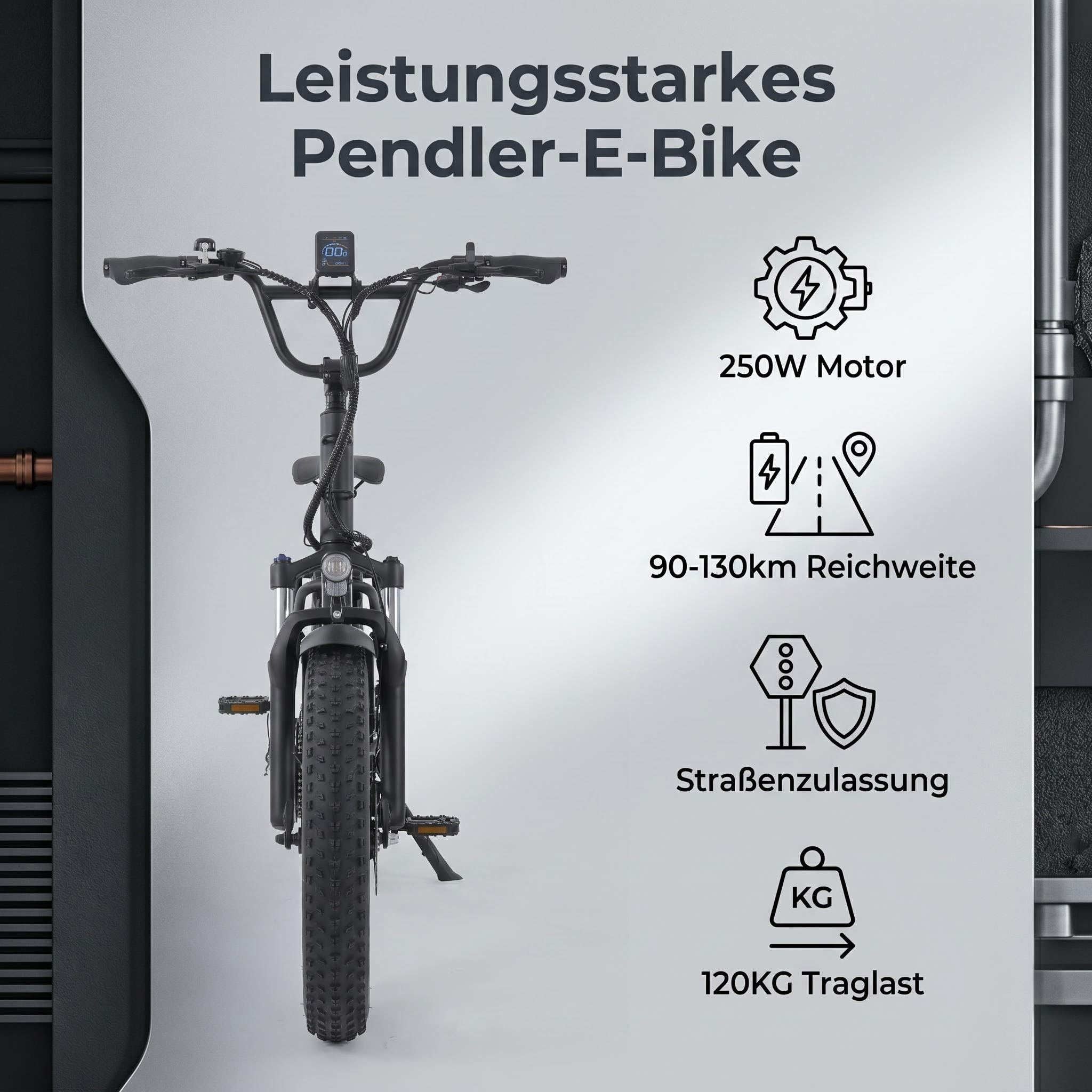 Schwarz Pendler-E-Bike mit 250W Motor, 90-130km Reichweite und 120kg Traglast.
