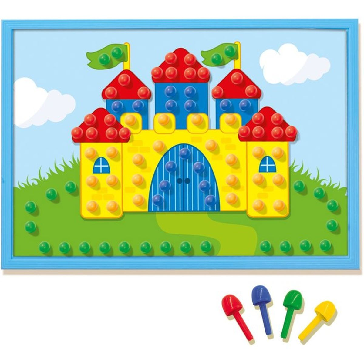 Ein farbenfrohes Mosaik-Schloss-Spiel mit bunten Knöpfen und vier Stiften.
