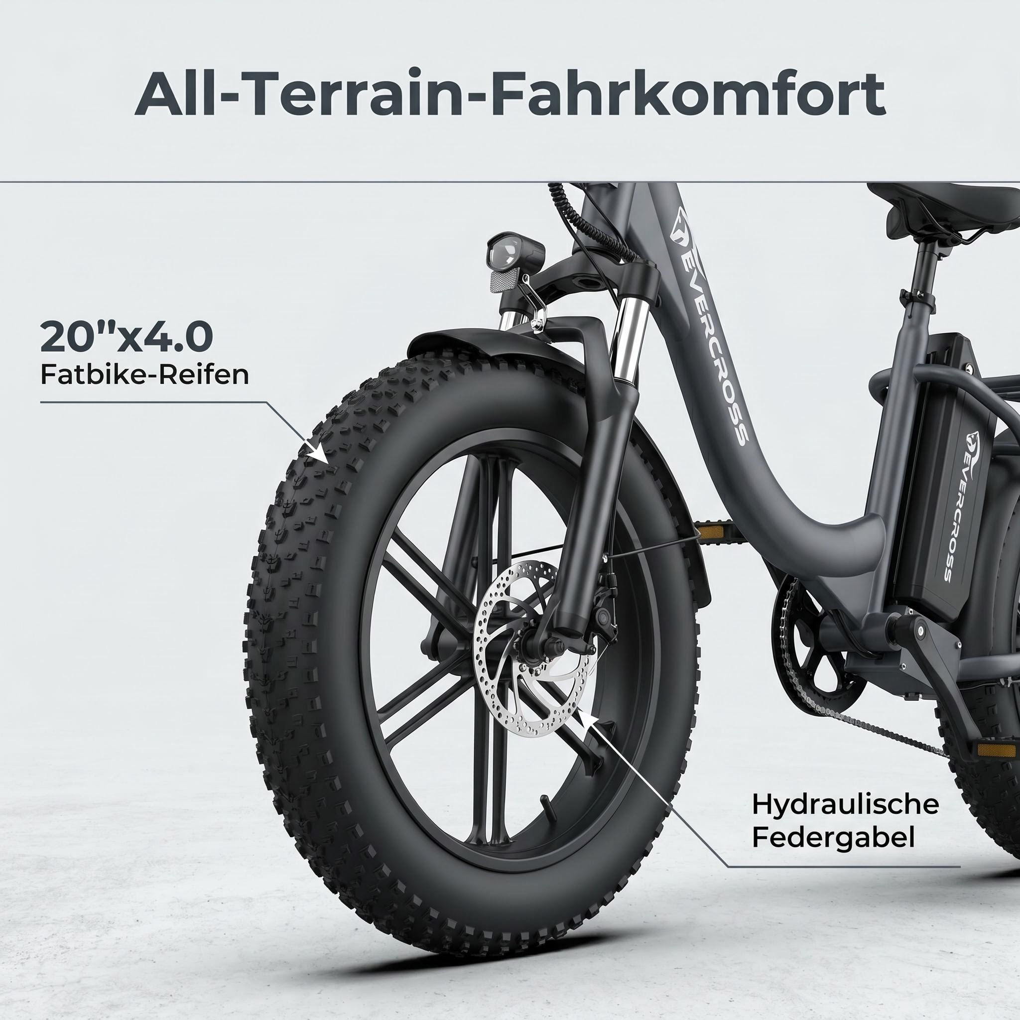 Graues E-Bike mit breiten Reifen, hydraulischer Federgabel und Licht.