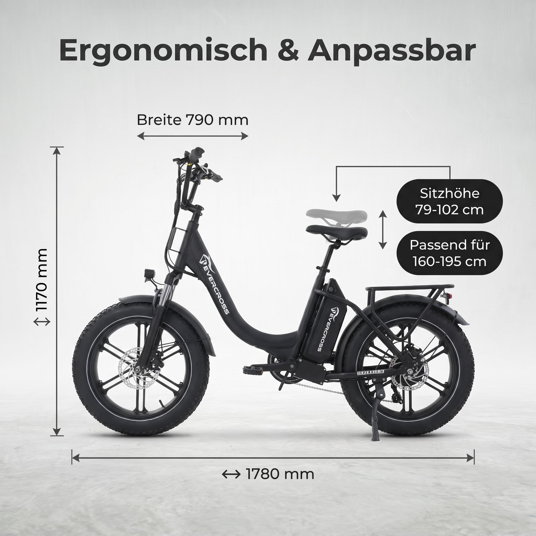 Schwarzes E-Bike mit fetten Reifen und Maßangaben für Höhe, Breite und Körpergröße.