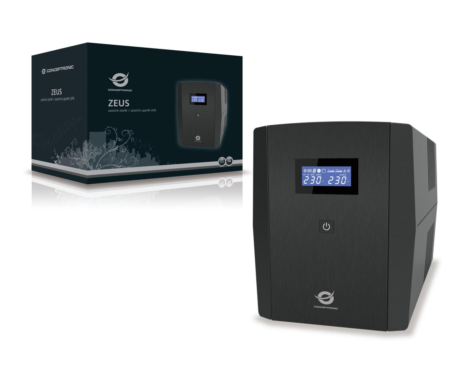 UPS Conceptronic Zeus nero con schermo LCD e pannello di controllo. Una scatola è a sinistra.