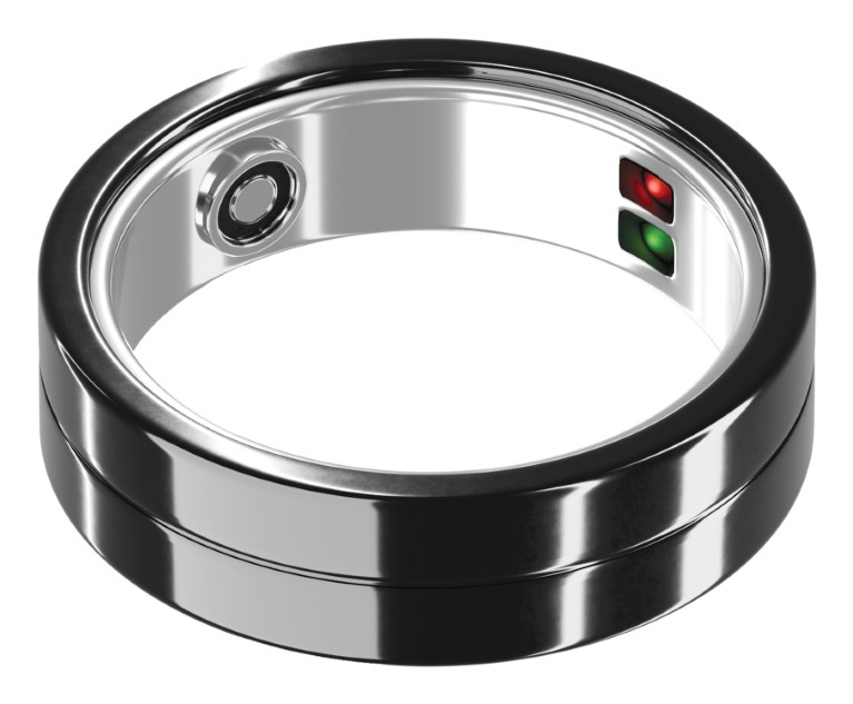 Srebrny pierścień z dwoma światłami, czerwonym i zielonym, i elementem magnetycznym.