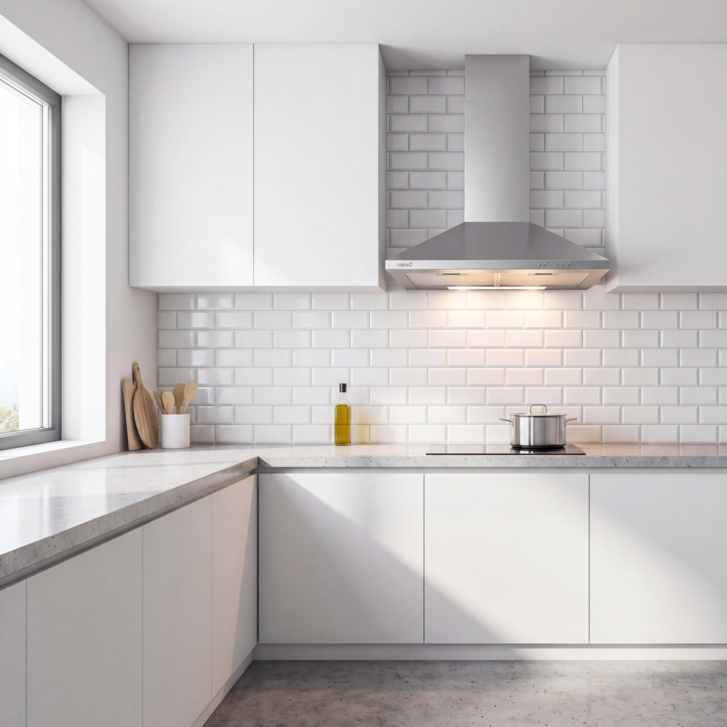 Cucina moderna bianca con cappa, piano cottura e pentola.