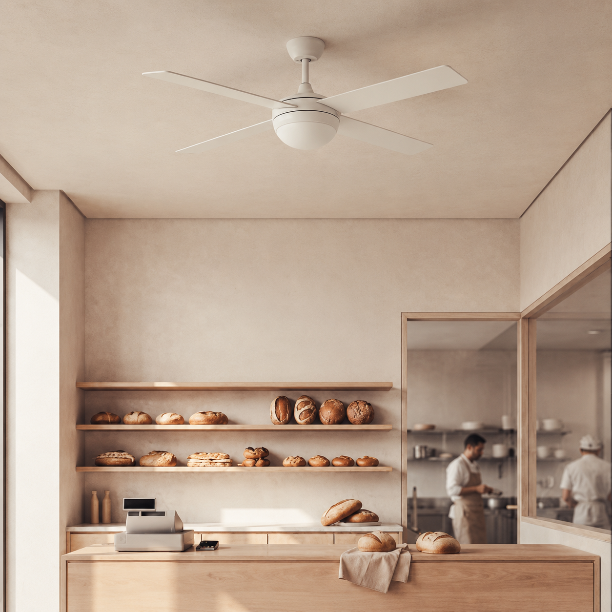 Interior de una panadería con pan en estantes, caja registradora y panaderos al fondo.