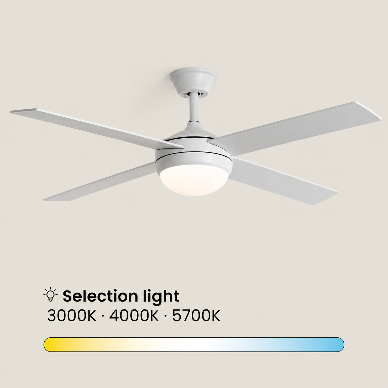 Ventilador de techo blanco con cuatro aspas y difusor iluminado.