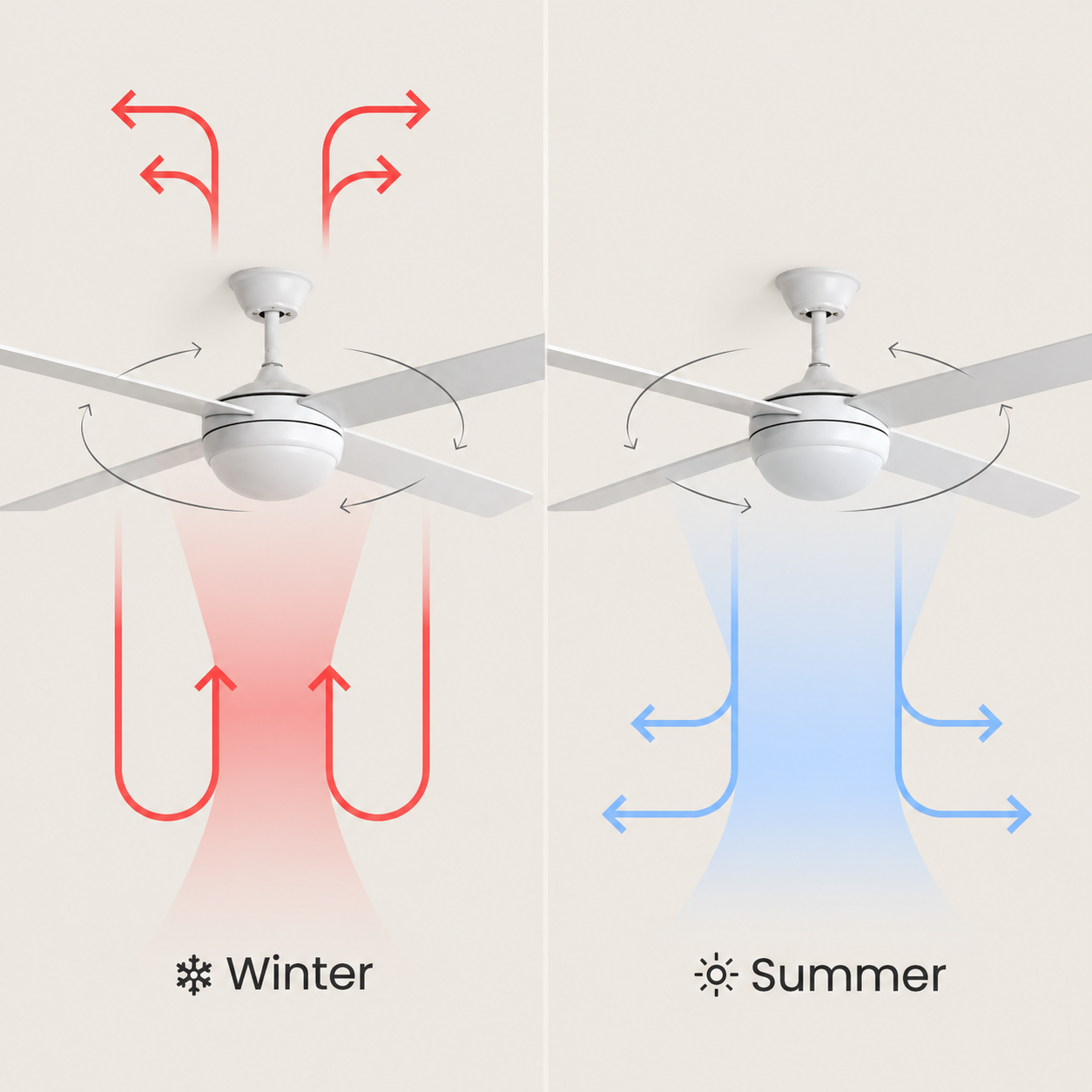 Ventilador de techo con diagramas de flujo de aire rojo de invierno y azul de verano.