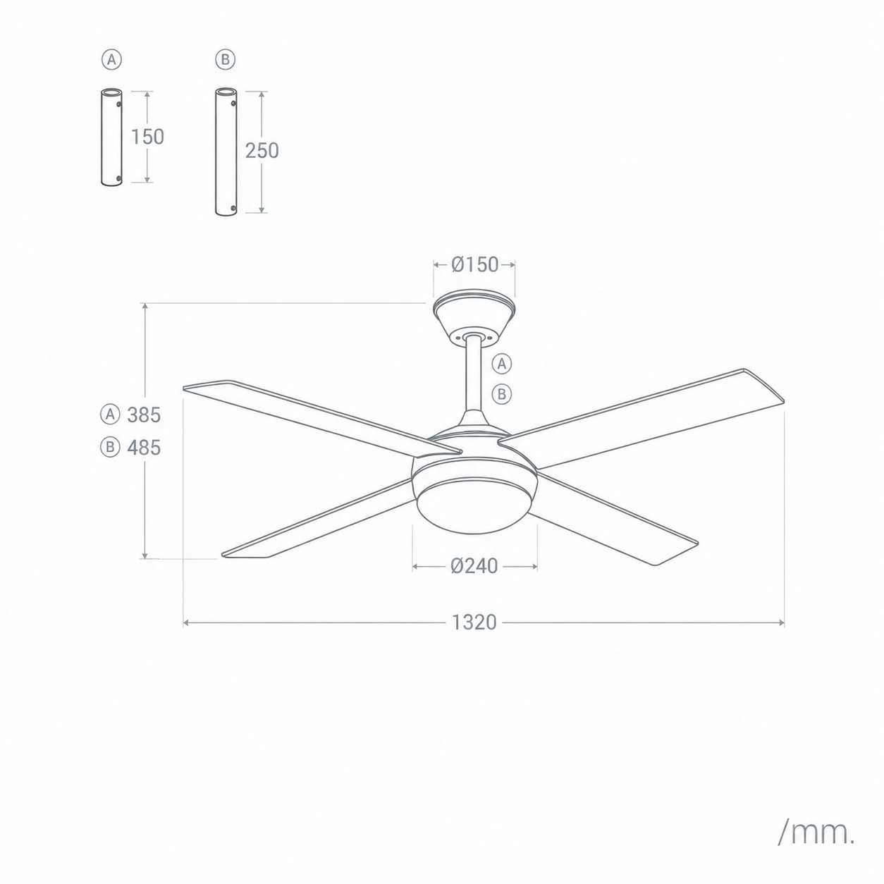 Dibujo técnico de un ventilador de techo con dimensiones y dos opciones de poste.