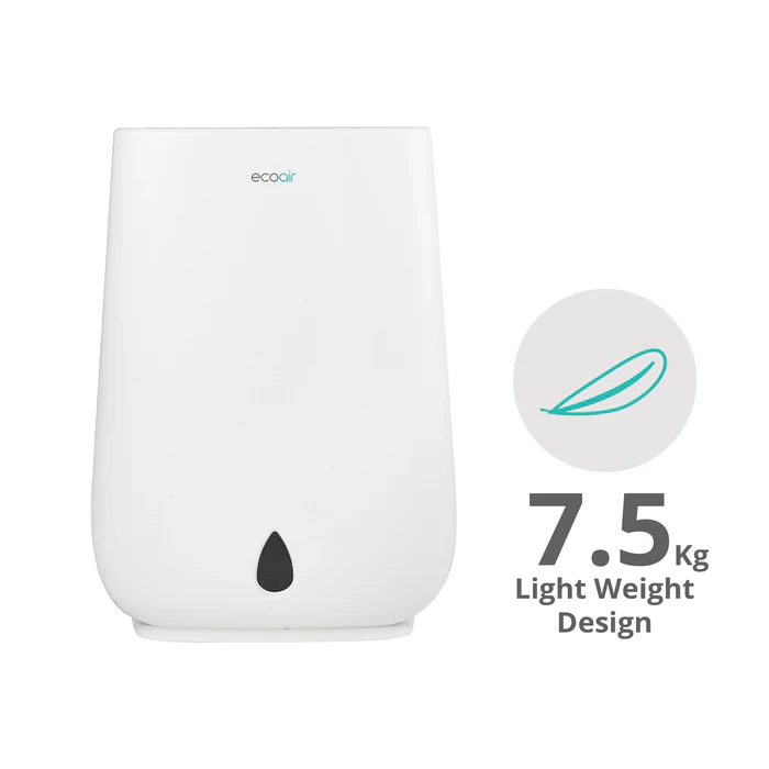 Weißer Luftentfeuchter mit Ecoair-Logo und 7,5 kg Leichtgewicht-Design-Aufschrift.