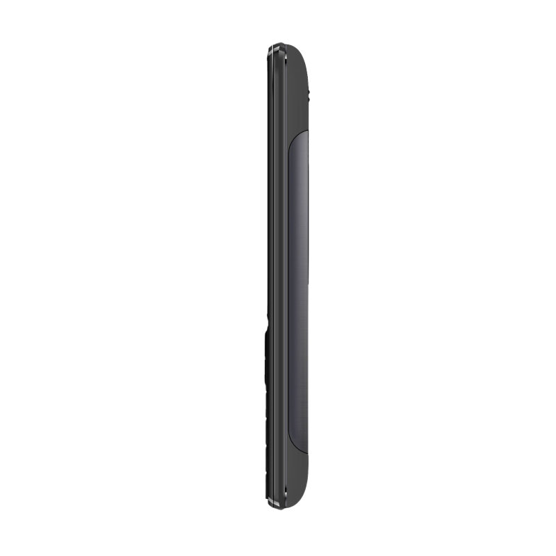 Ciemnoszary telefon komórkowy w profilu bocznym, wąski widok na białym tle.