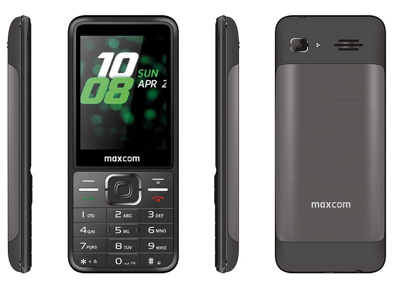 Ein graues Maxcom-Mobiltelefon mit Tastatur und Bildschirm.