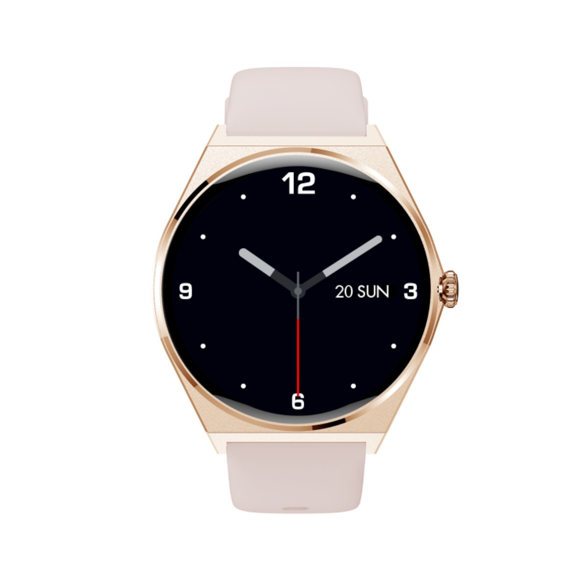 Różowy smartwatch ze złotą kopertą i czarną tarczą.