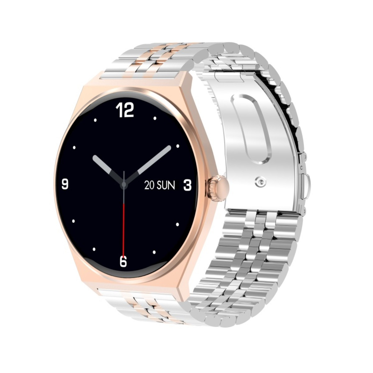 Elegancki smartwatch z kopertą w kolorze różowego złota i dwukolorową bransoletą.