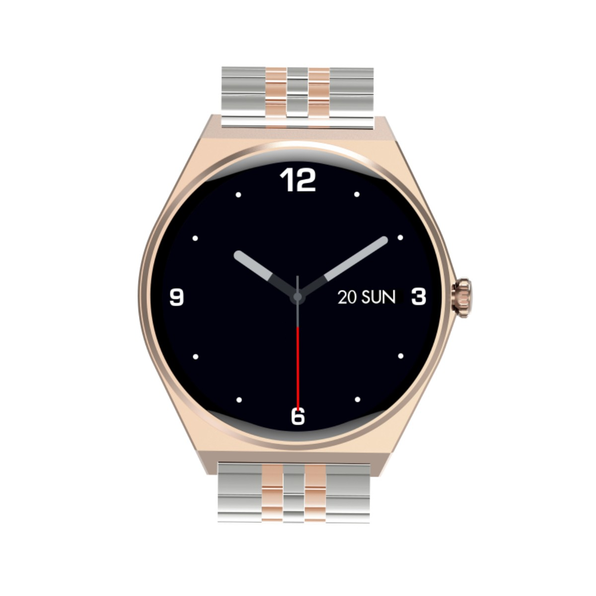 Zegarek smartwatch w kolorze różowego złota z czarną tarczą i srebrno-różową bransoletą.