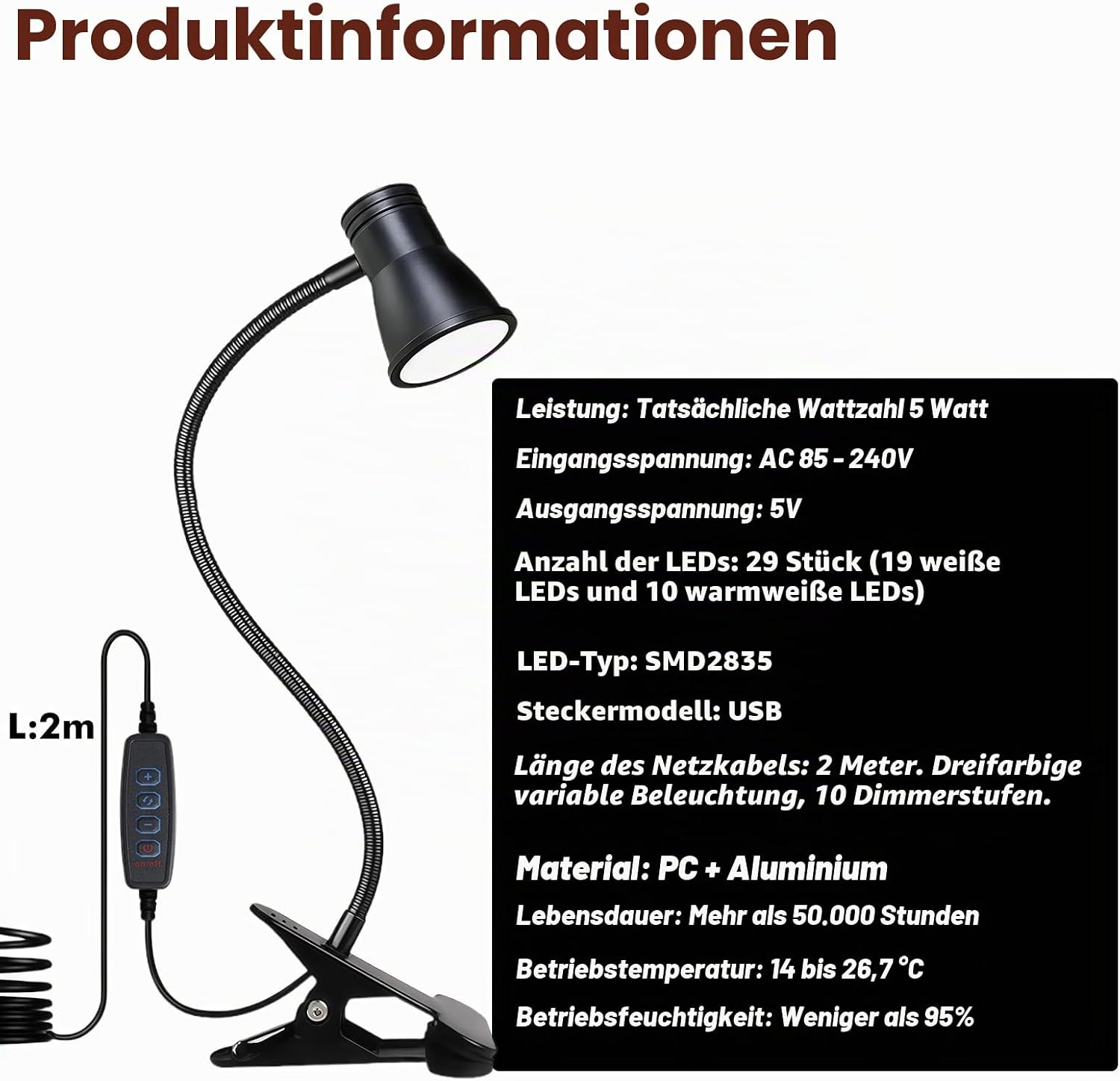 Schwarze Klemm-Tischlampe mit flexiblem Arm, 2m Kabel, USB-Anschluss und Bedienelementen.