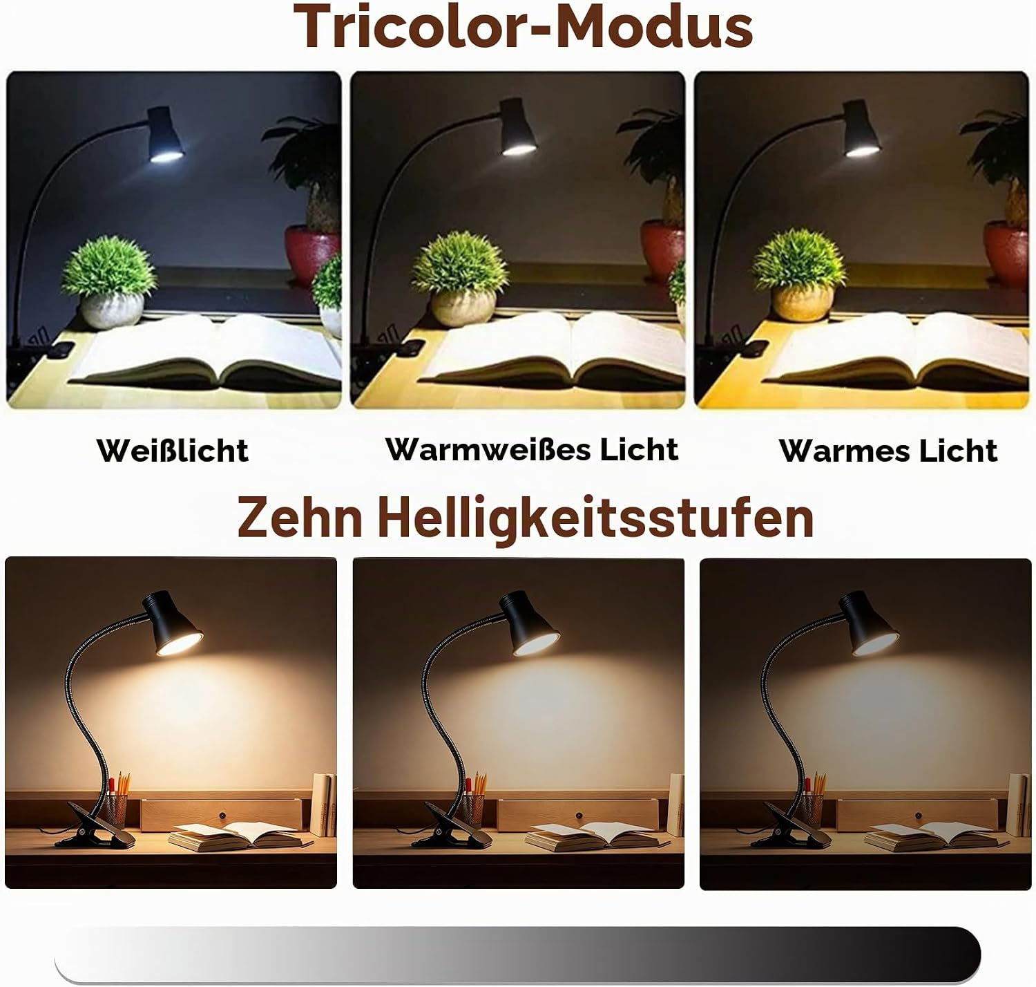 Schreibtischlampe zeigt Weißlicht, warmweißes Licht und warmes Licht. Zeigt auch Helligkeitsstufen.