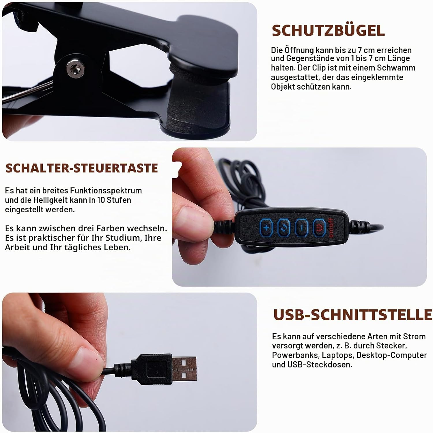 Nahaufnahme eines schwarzen Clips mit Schwamm, ein Bedienelement und ein USB-Kabel.