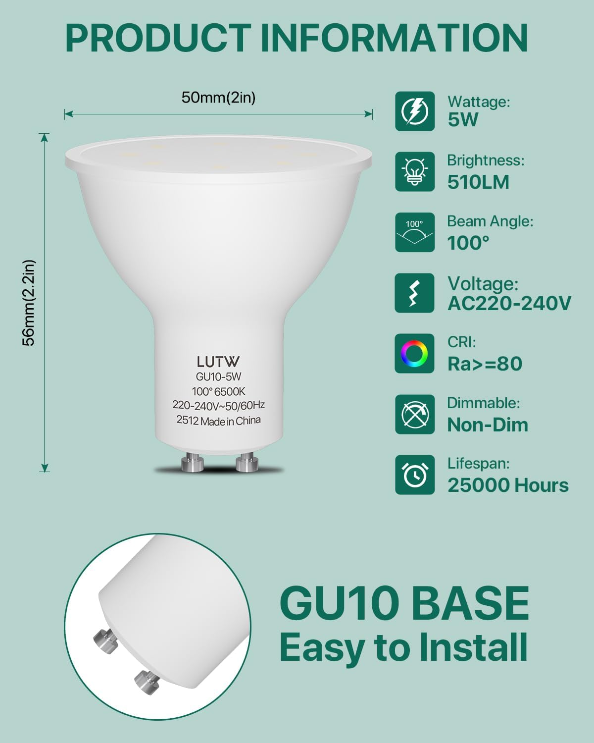 LED-Lampe mit GU10-Sockel, 5W, 510LM, 100 Grad Abstrahlwinkel, 220-240V.