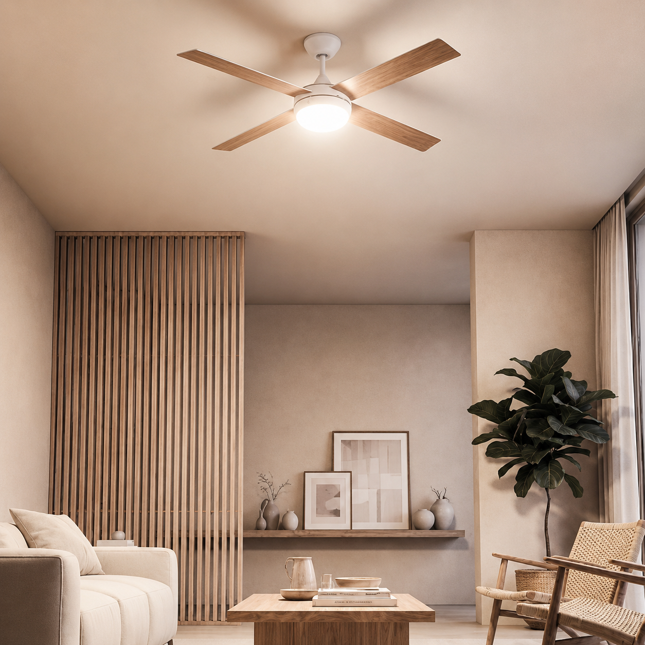 Una sala de estar con ventilador de techo, sofá, mesa de madera, sillón y planta.