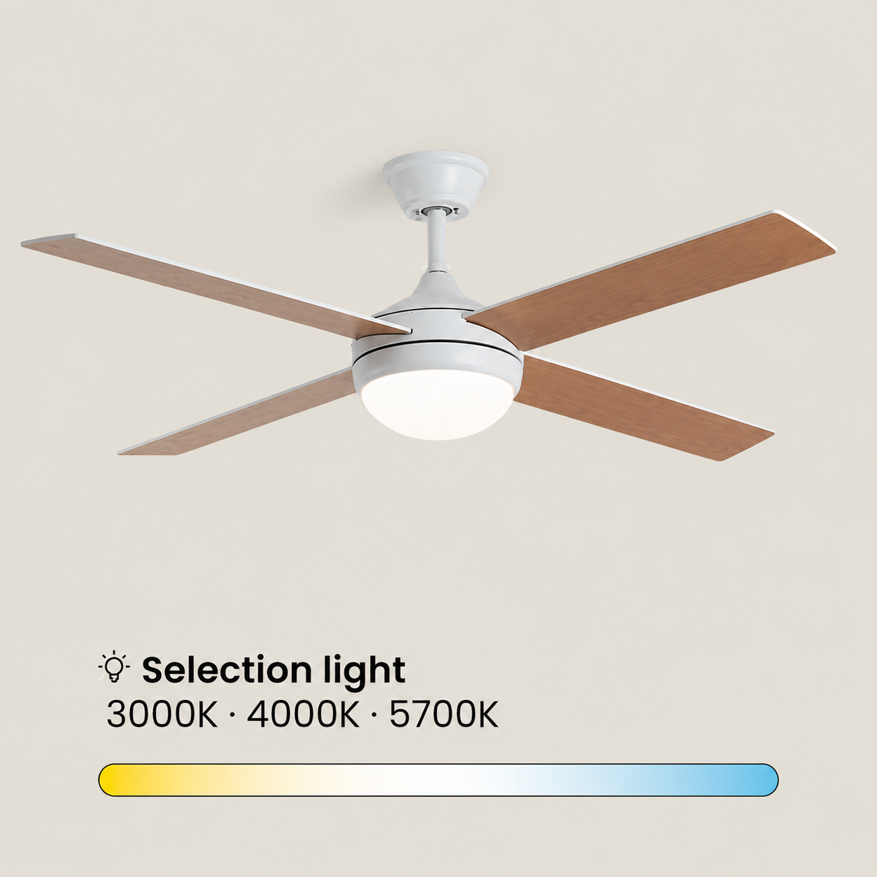Ventilador de techo con luz LED y aspas de madera, montaje neutro.
