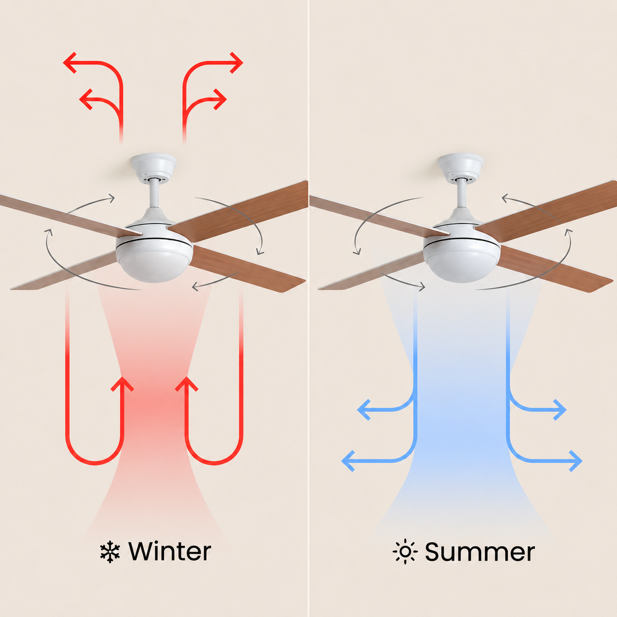 Ventilador de techo en modo invierno y verano con flechas.