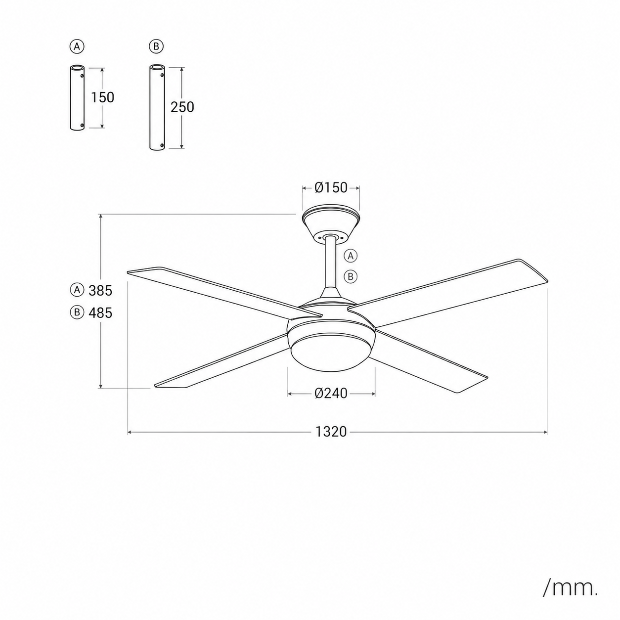 Dibujo técnico de un ventilador de techo con dimensiones en mm.