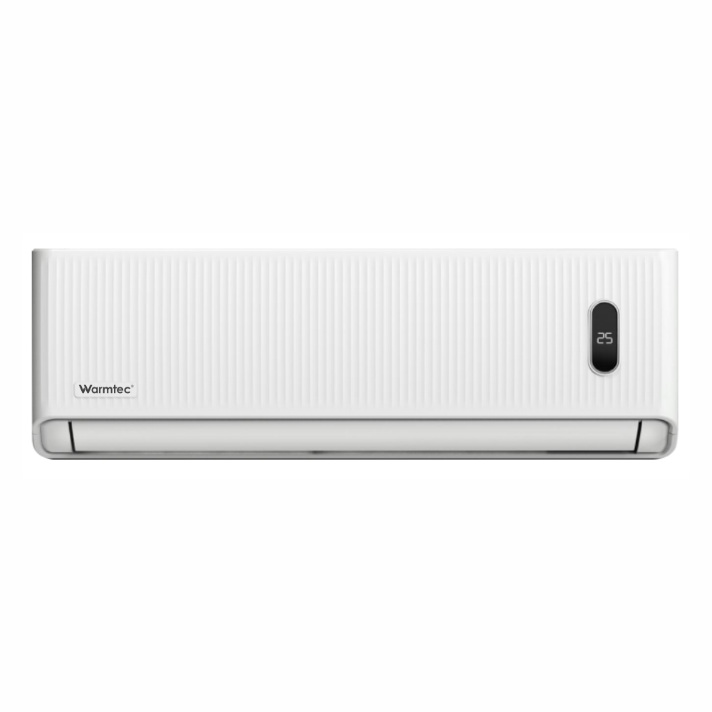 Biała jednostka klimatyzacyjna Warmtec z żebrowanym przodem i cyfrowym wyświetlaczem.