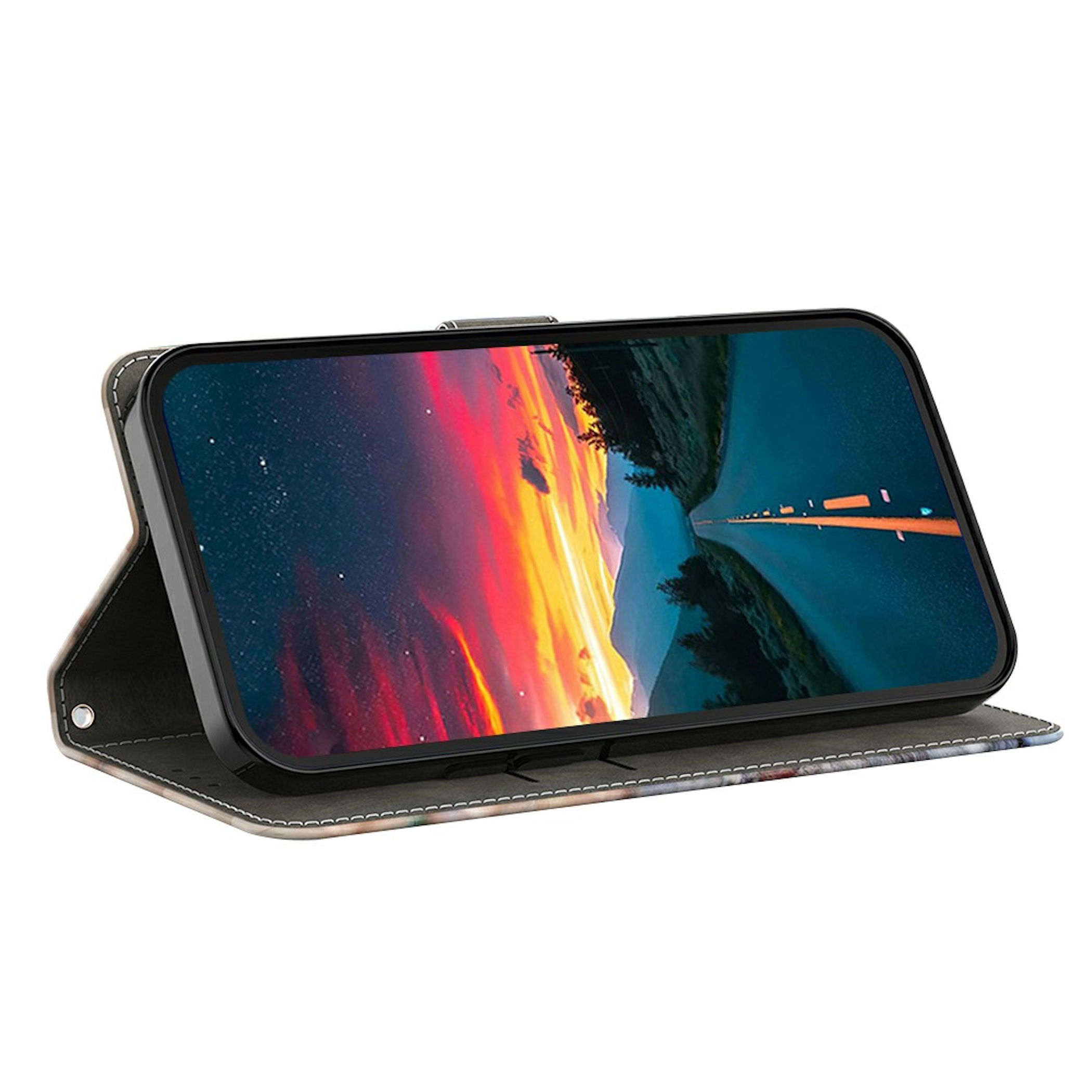 Ein Smartphone in einer aufgeschlagenen Hülle mit dramatischem Sonnenuntergang und Sternenhimmel.