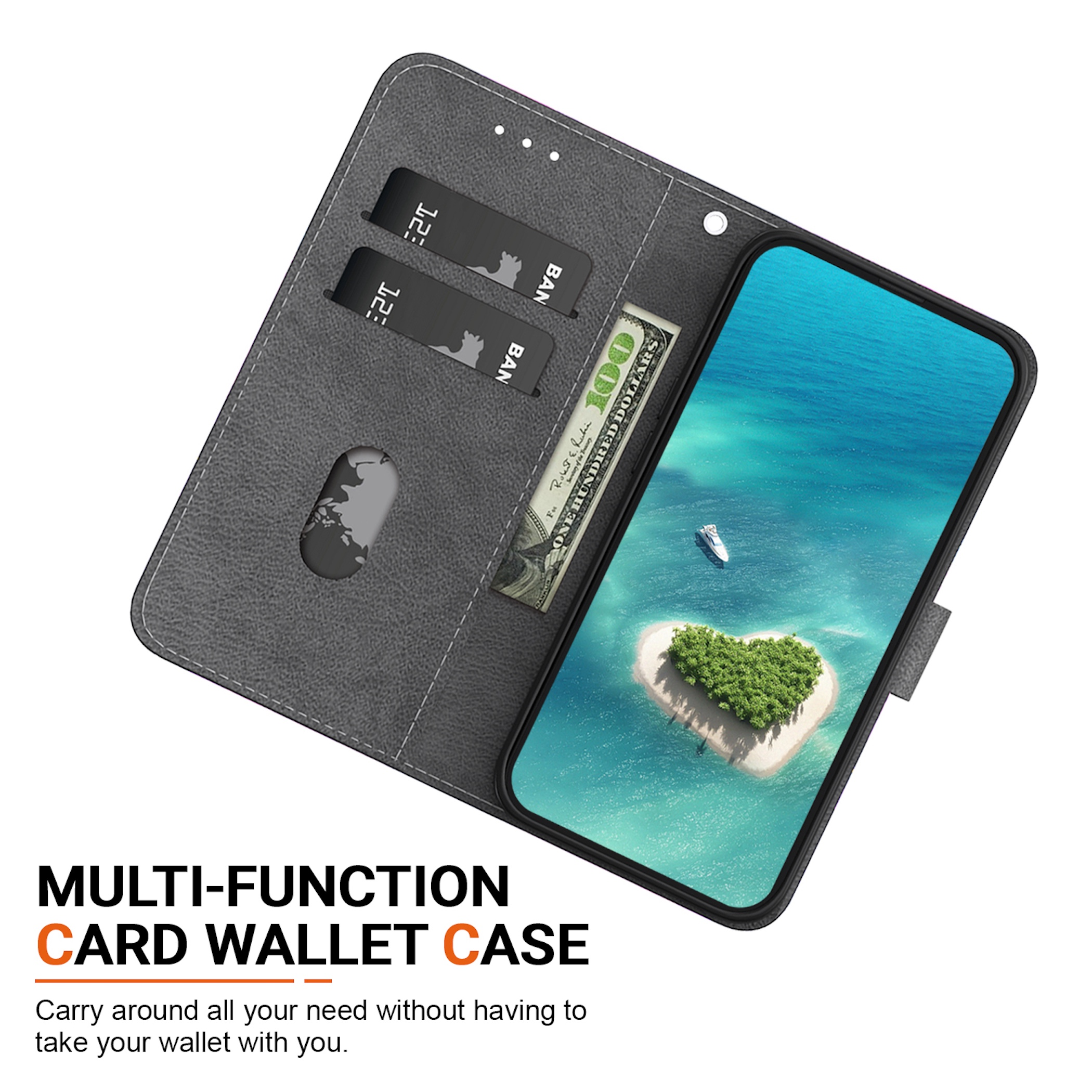 Graues Kartenetui mit Handy, das eine Insel in Herzform zeigt.