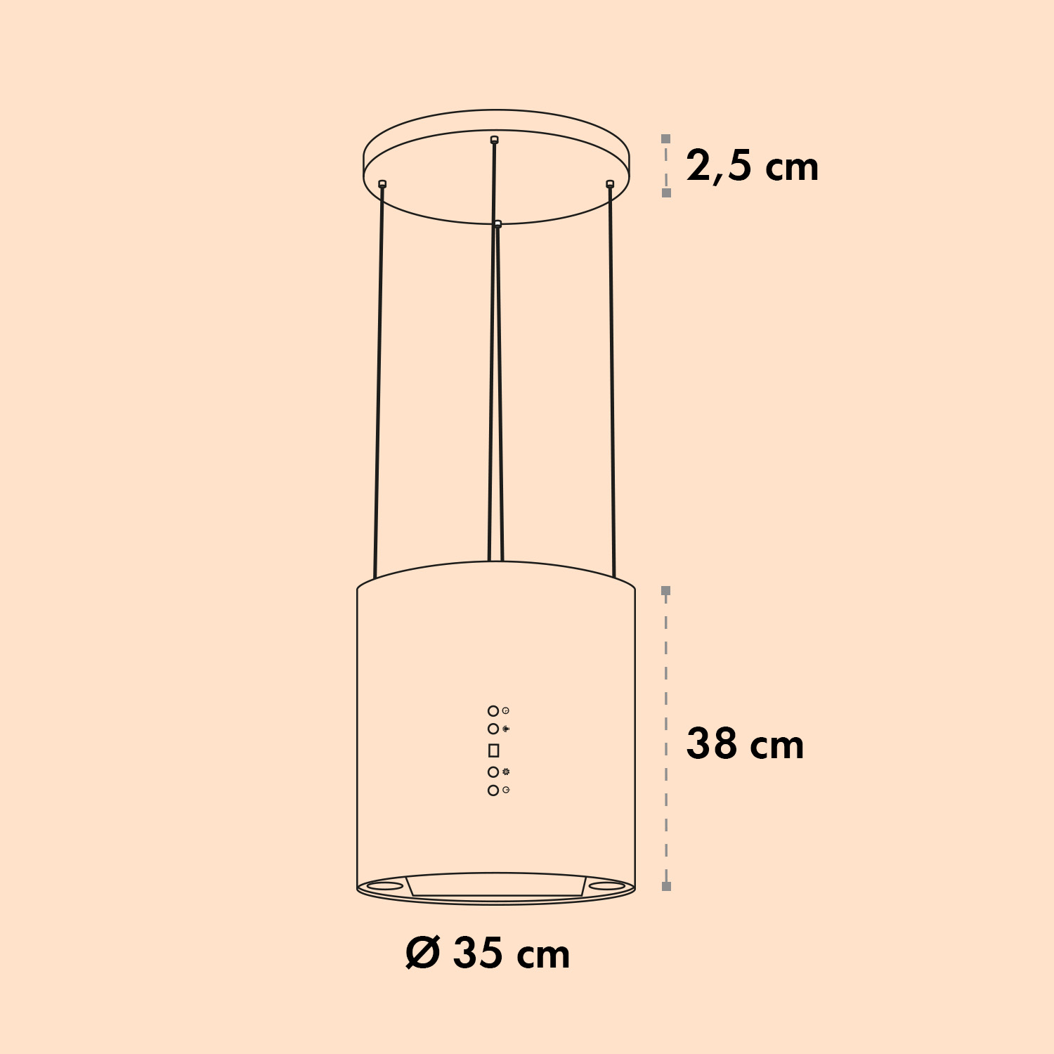 Disegno di una cappa aspirante con dimensioni: 2,5 cm di spessore, 38 cm di altezza, 35 cm di diametro.
