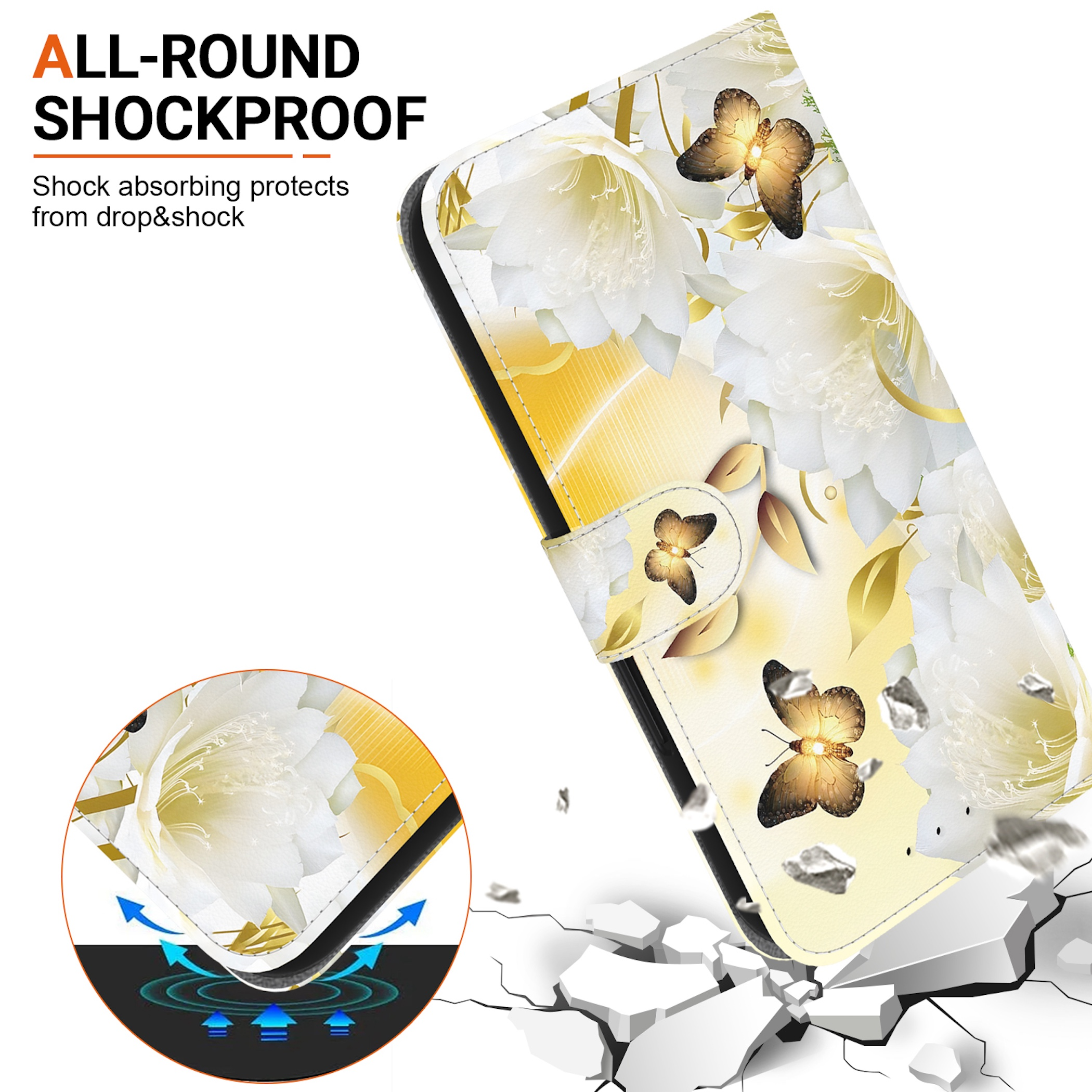 Schockproof Hülle mit Blumen- und Schmetterlingsmuster auf zerbrochenem Boden.