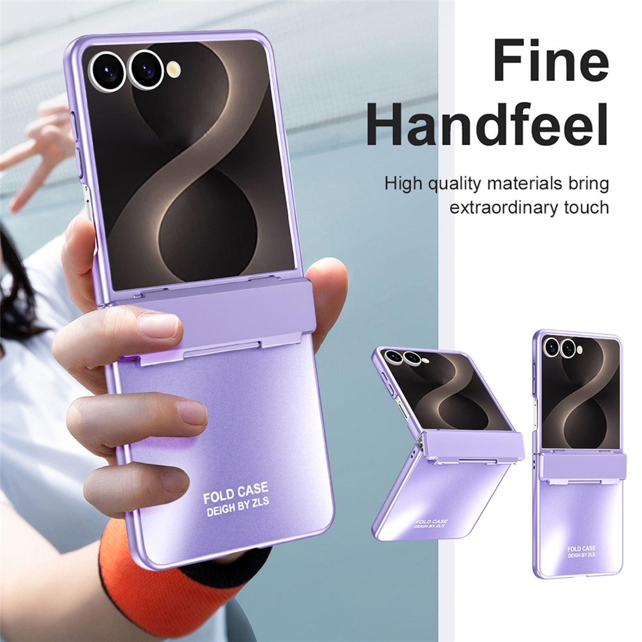 Lila Klapphülle für ein Handy, das von Händen gehalten wird.