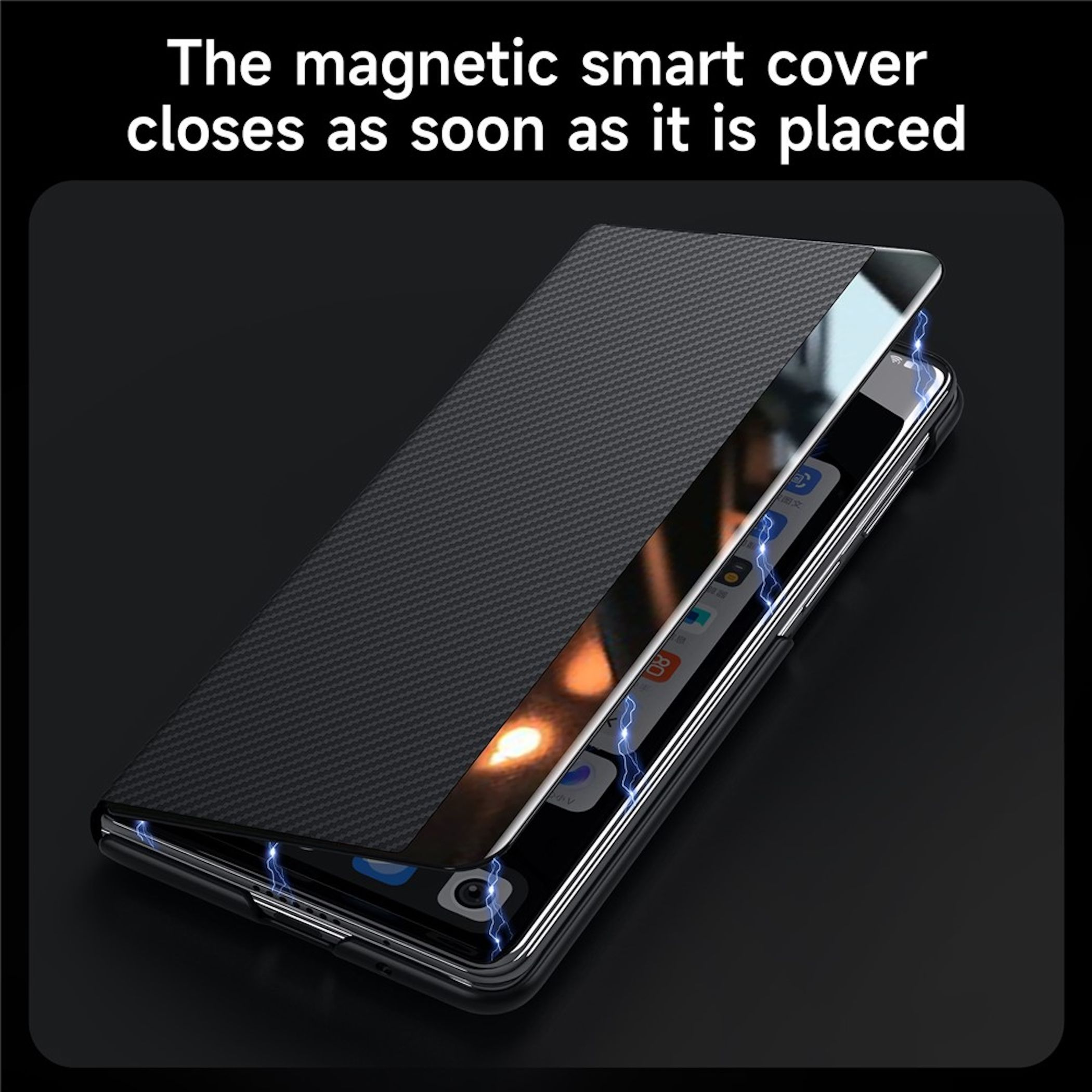 Ein schwarzes Handy mit einer magnetischen Hülle, die sich schließt.